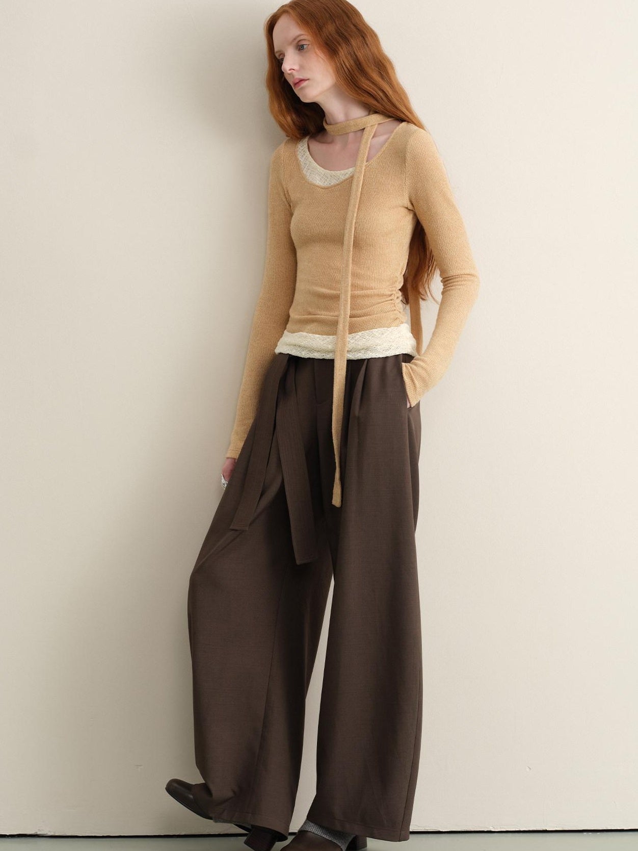 someonesometimes Khaki Plaid Patchwork Slim Crew Neck Women Knit Spandex Long Sleeve T-Shirts