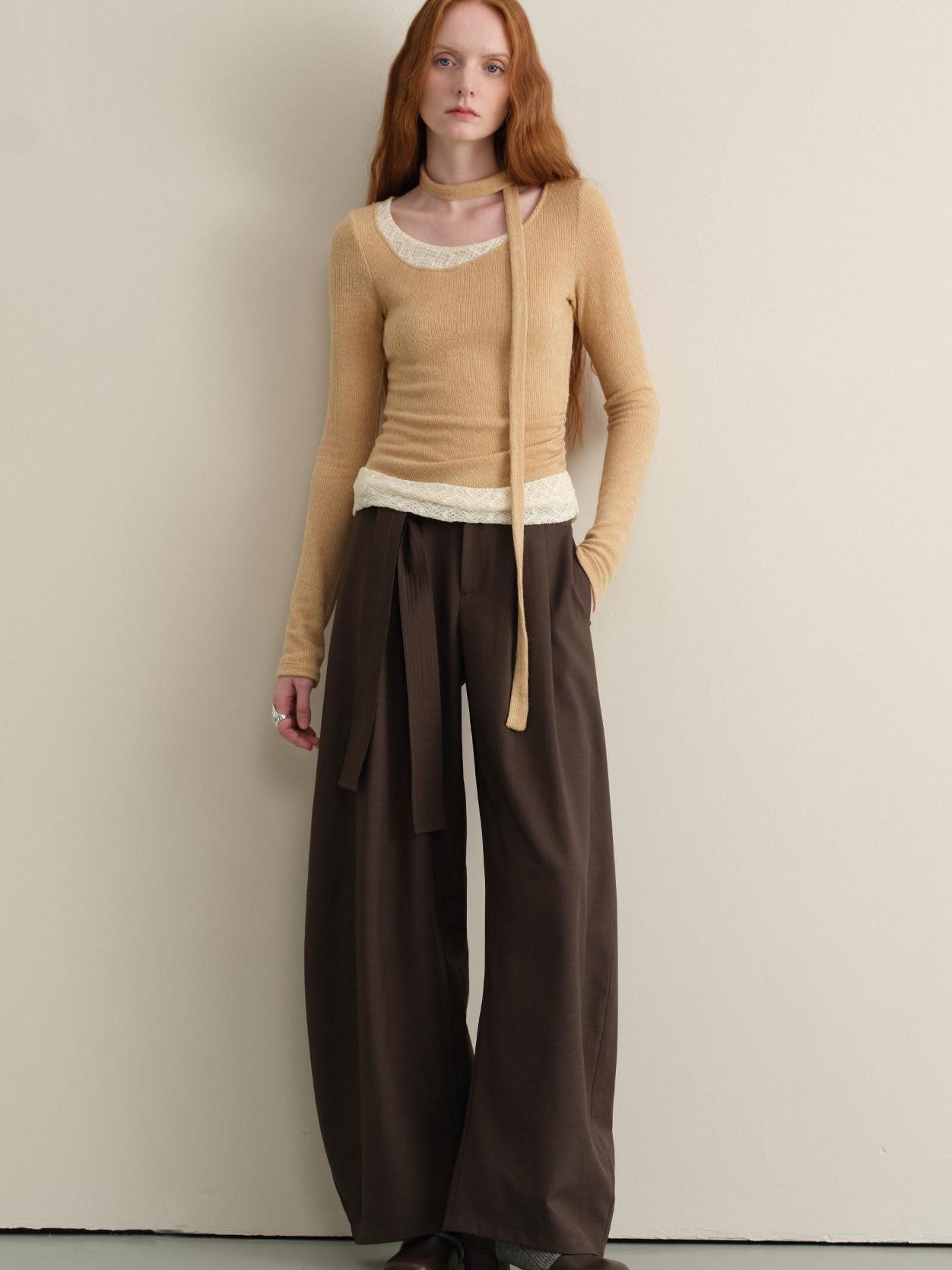 someonesometimes Khaki Plaid Patchwork Slim Crew Neck Women Knit Spandex Long Sleeve T-Shirts