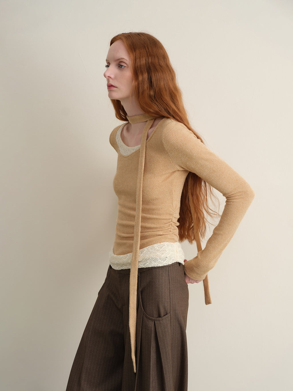 someonesometimes Khaki Plaid Patchwork Slim Crew Neck Women Knit Spandex Long Sleeve T-Shirts