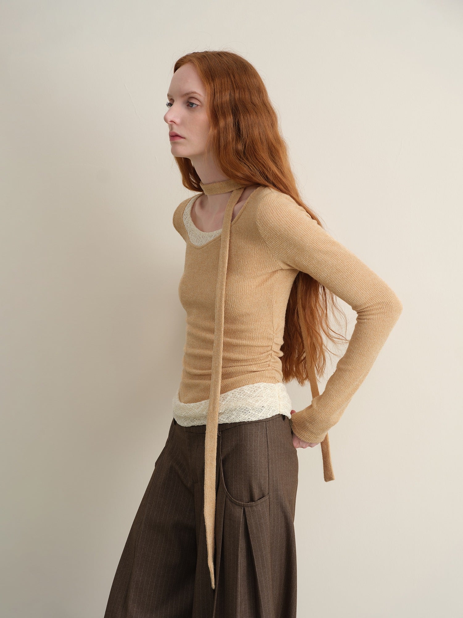 someonesometimes Khaki Plaid Patchwork Slim Crew Neck Women Knit Spandex Long Sleeve T-Shirts
