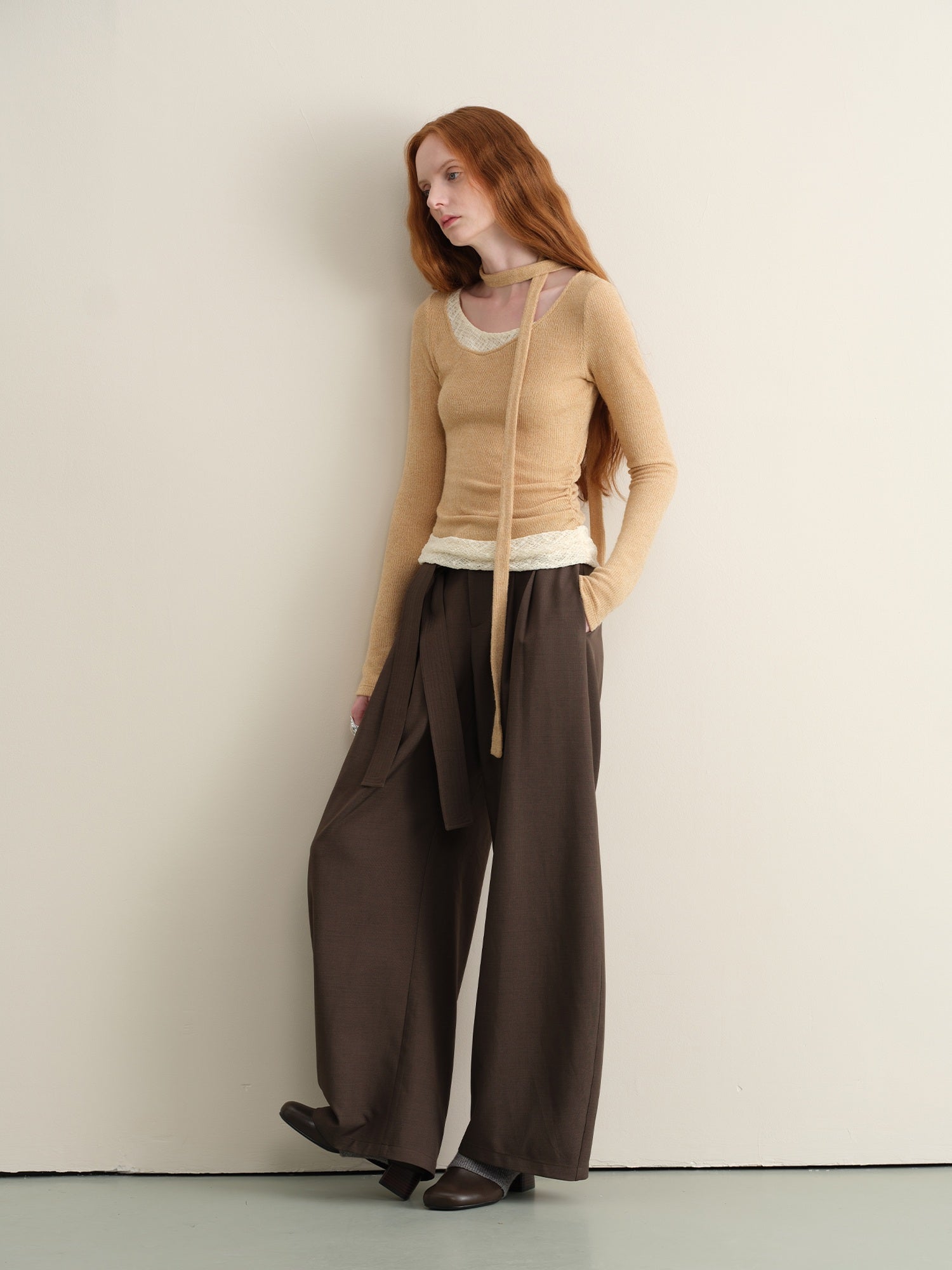 someonesometimes Khaki Plaid Patchwork Slim Crew Neck Women Knit Spandex Long Sleeve T-Shirts