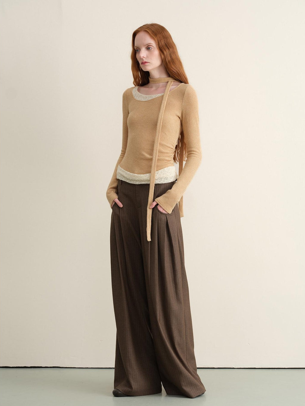 someonesometimes Khaki Plaid Patchwork Slim Crew Neck Women Knit Spandex Long Sleeve T-Shirts