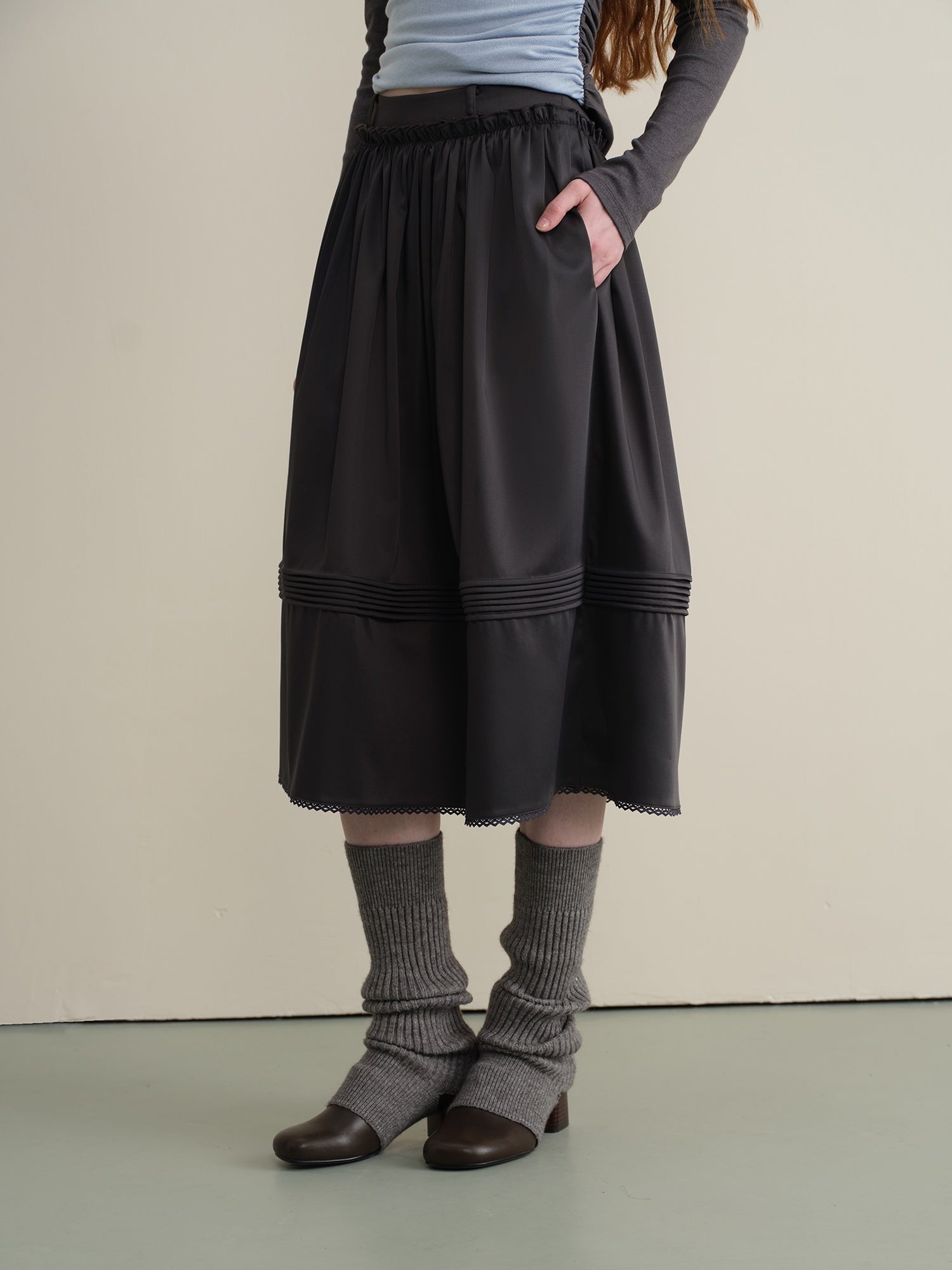 someonesometimes Lace Patchwork Pleated A Line Mid Waist Casual Dark Teal Midi Skirts