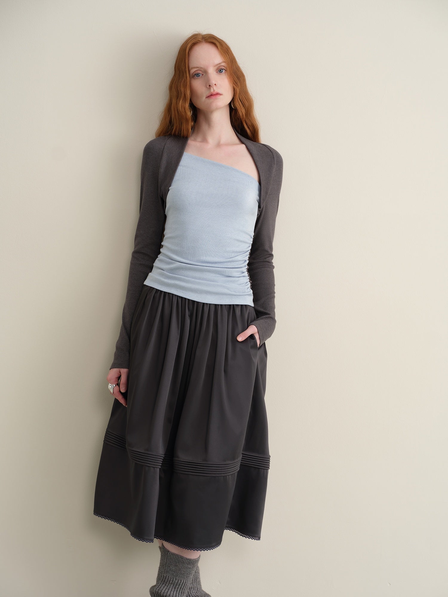 someonesometimes Lace Patchwork Pleated A Line Mid Waist Casual Dark Teal Midi Skirts