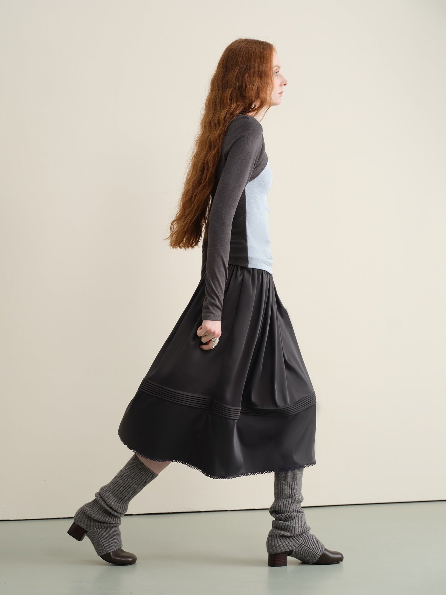 someonesometimes Lace Patchwork Pleated A Line Mid Waist Casual Dark Teal Midi Skirts