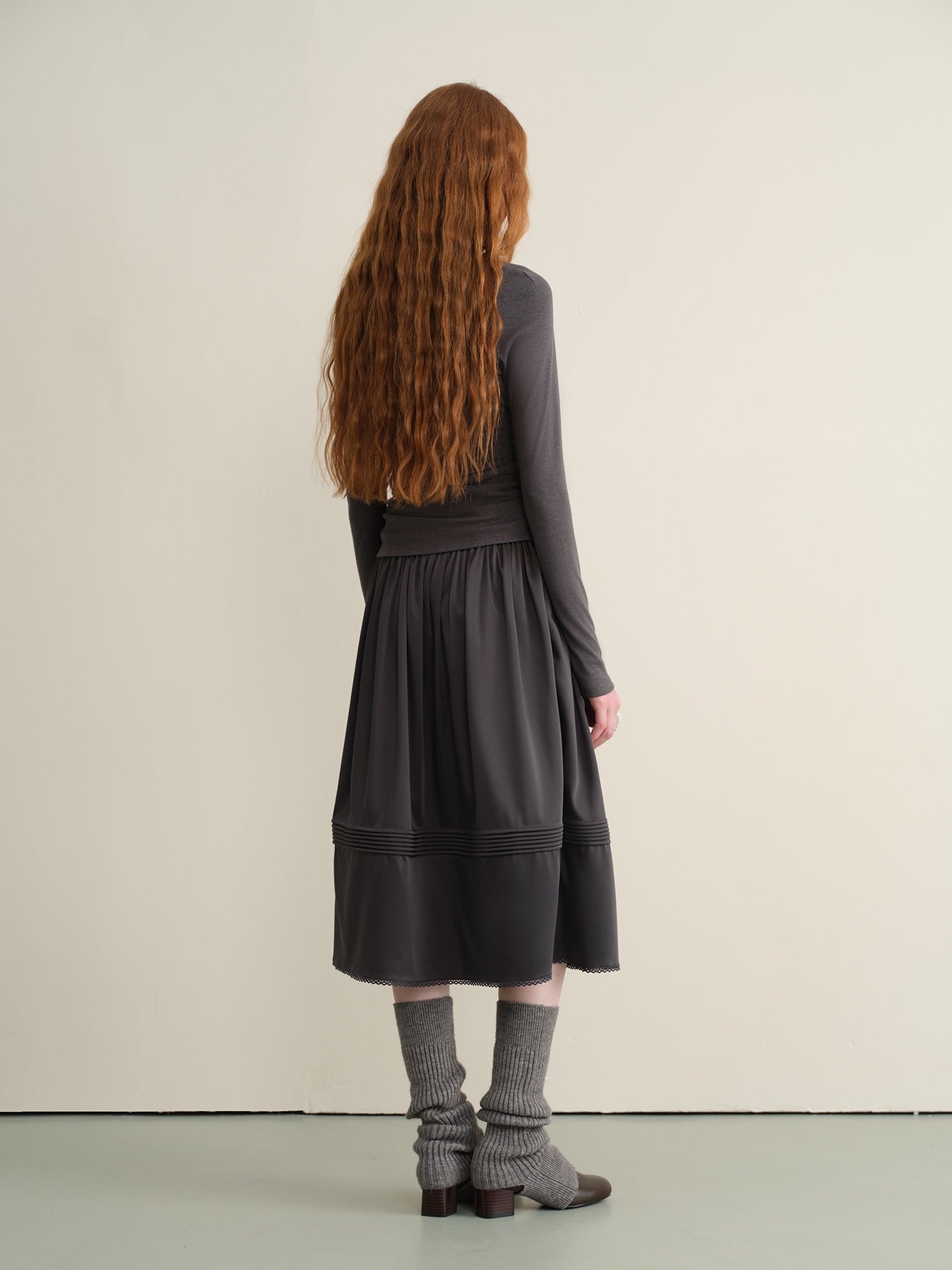 someonesometimes Lace Patchwork Pleated A Line Mid Waist Casual Dark Teal Midi Skirts