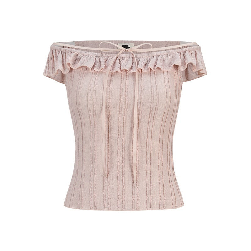 someonesometimes_Lace_Tie_Slim_Fit_Short_Solid_Mauve_Cream_Daily_Chic_Off_Shoulder_Crop_Tops_MISSTT