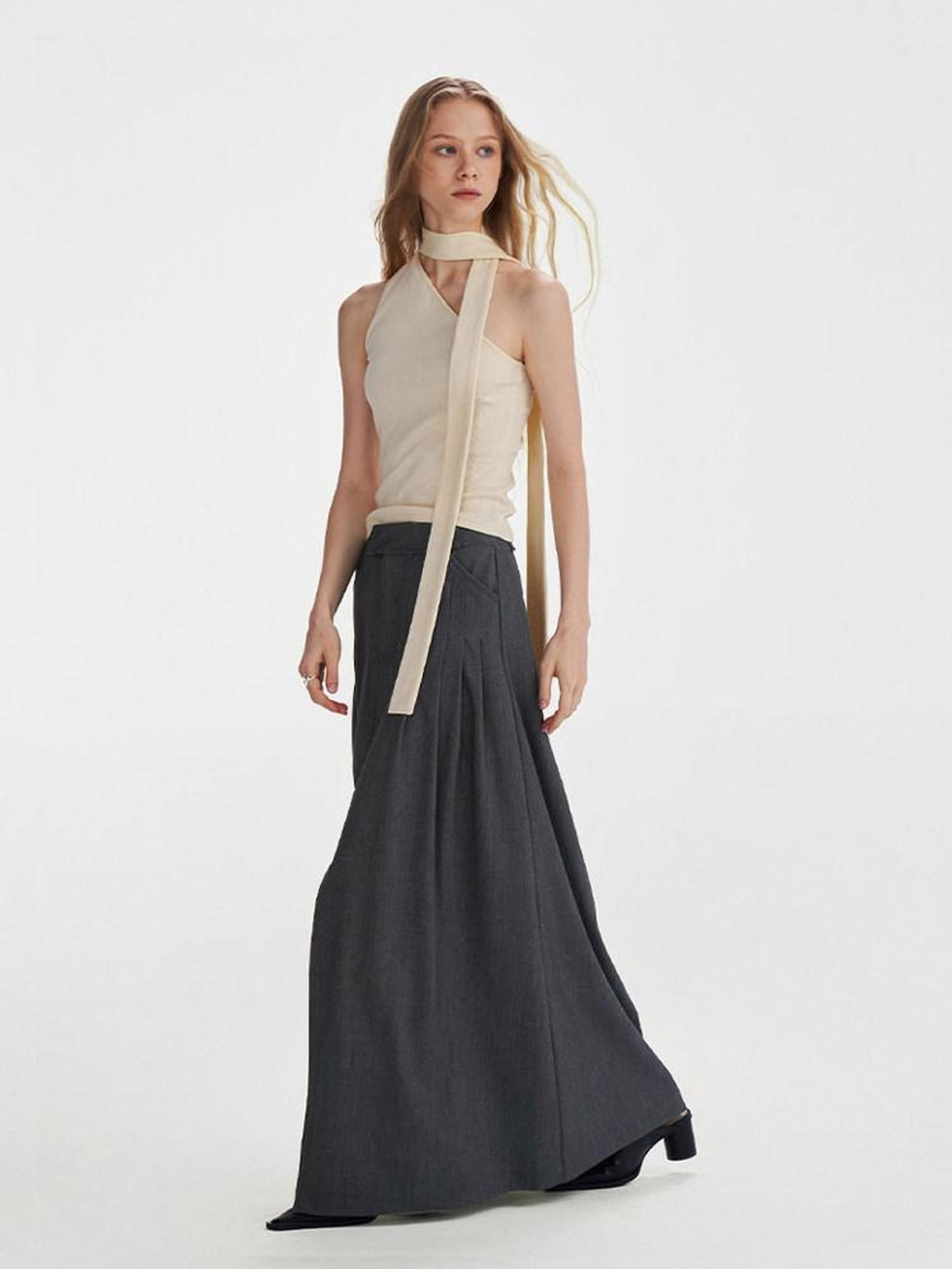 someonesometimes Lace Up Off Shoulder Slim Commuter Workwear Chic Beige Polyester Blend