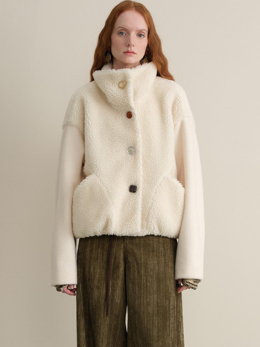 someonesometimes Lambswool Lined Relaxed Notched Lapel Women Beige Wool Blend Wool Coats