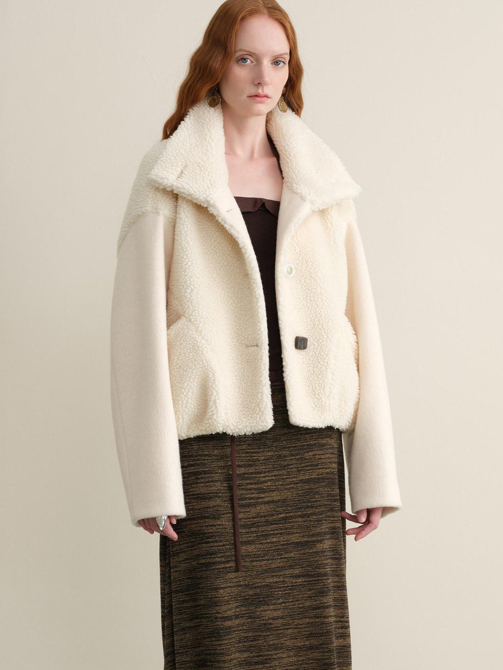 someonesometimes Lambswool Lined Relaxed Notched Lapel Women Beige Wool Blend Wool Coats