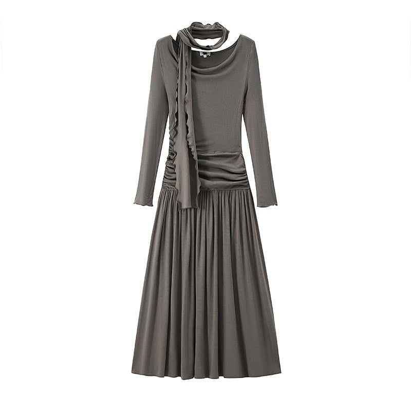 someonesometimes_Lava_Gray_Pleated_A_Line_Long_Sleeve_Round_Neck_Casual_Dress_MISSTT