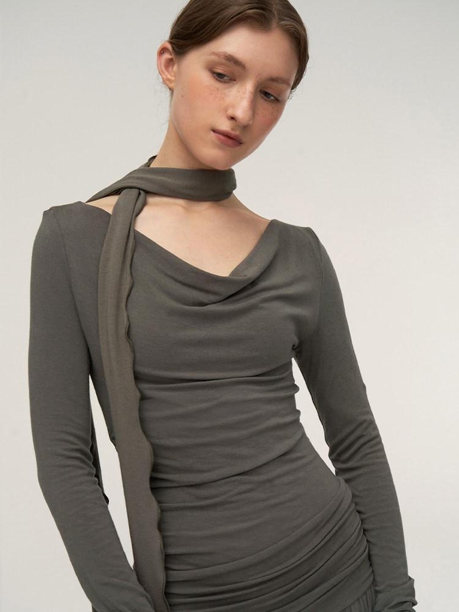 someonesometimes Lava Gray Pleated A Line Long Sleeve Round Neck Casual Dress