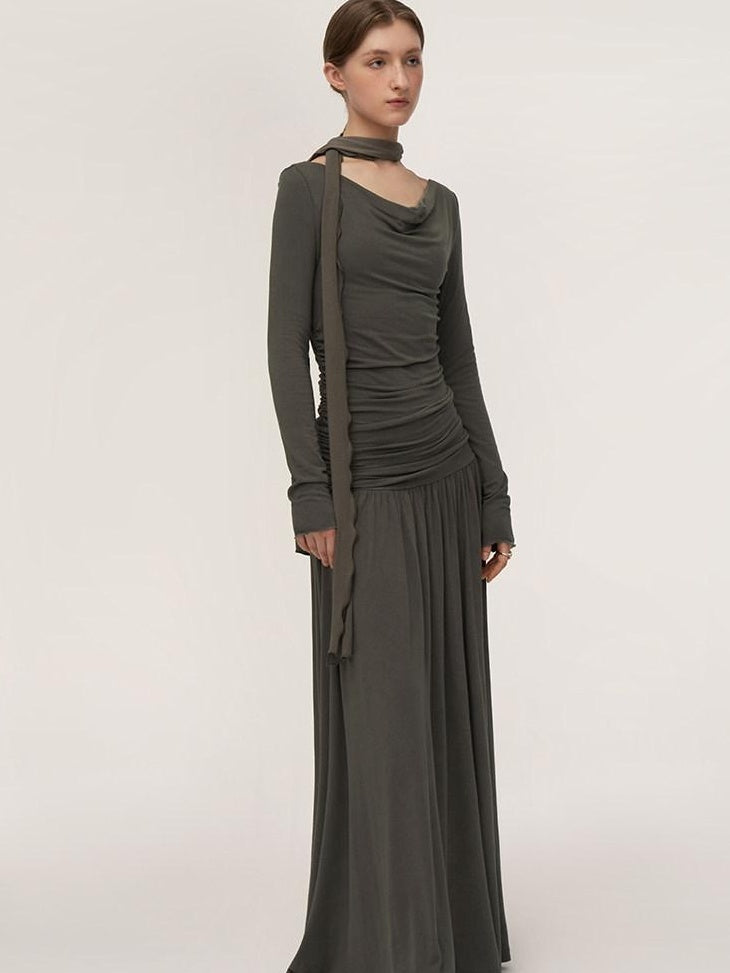 someonesometimes Lava Gray Pleated A Line Long Sleeve Round Neck Casual Dress