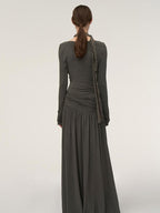 someonesometimes Lava Gray Pleated A Line Long Sleeve Round Neck Casual Dress