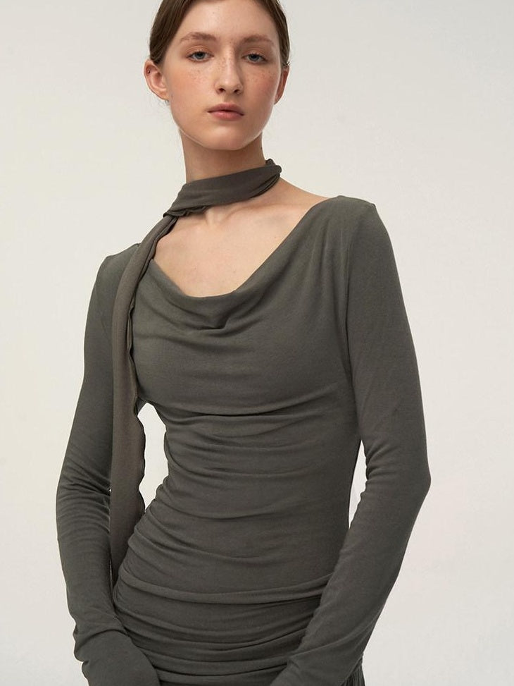 someonesometimes Lava Gray Pleated A Line Long Sleeve Round Neck Casual Dress