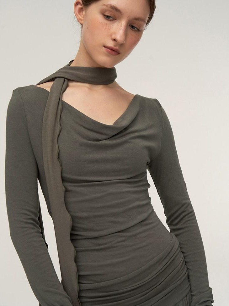 someonesometimes Lava Gray Pleated A Line Long Sleeve Round Neck Casual Dress
