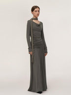 someonesometimes Lava Gray Pleated A Line Long Sleeve Round Neck Casual Dress