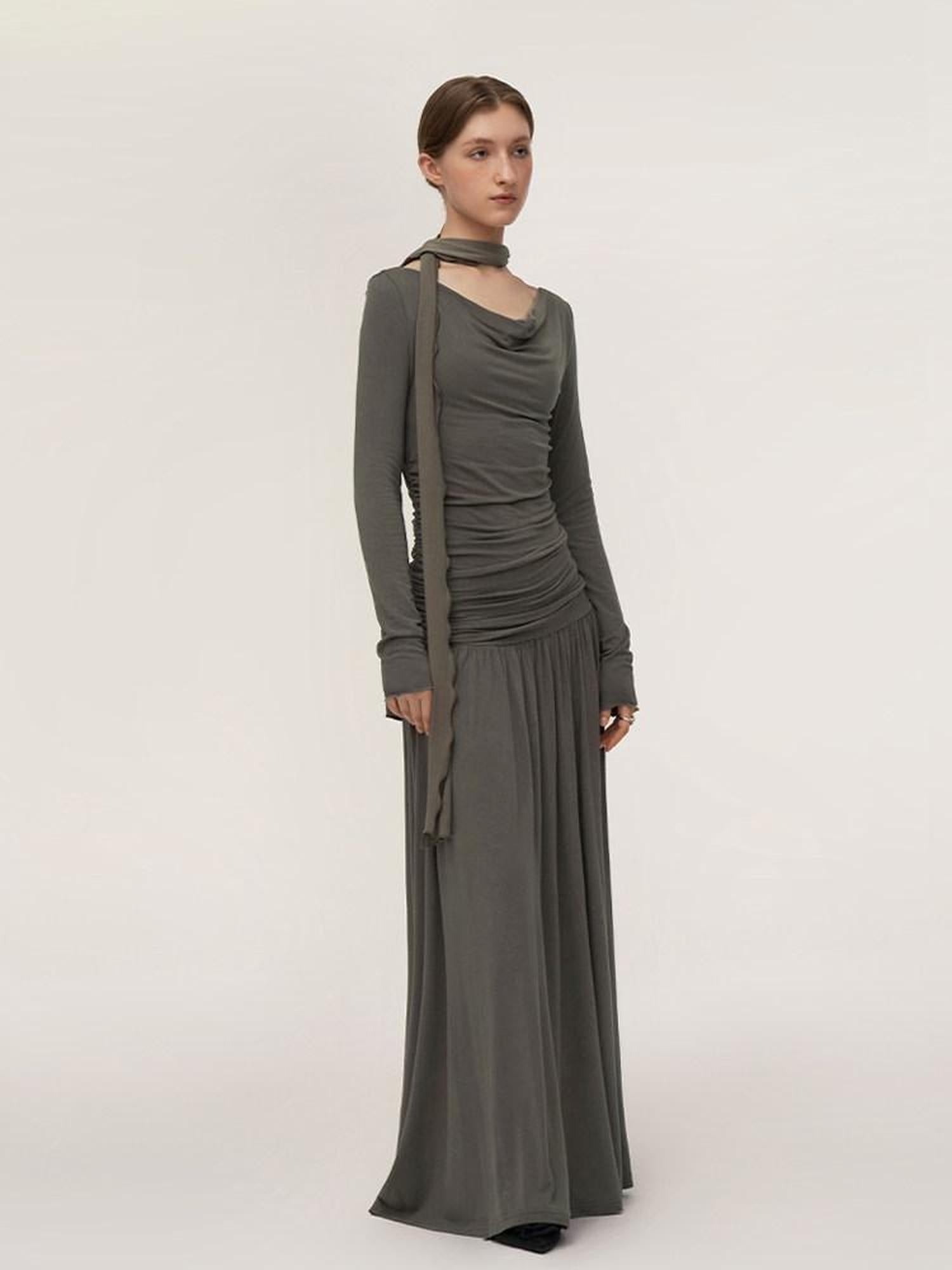 someonesometimes Lava Gray Pleated A Line Long Sleeve Round Neck Casual Dress