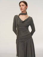 someonesometimes Lava Gray Pleated A Line Long Sleeve Round Neck Casual Dress