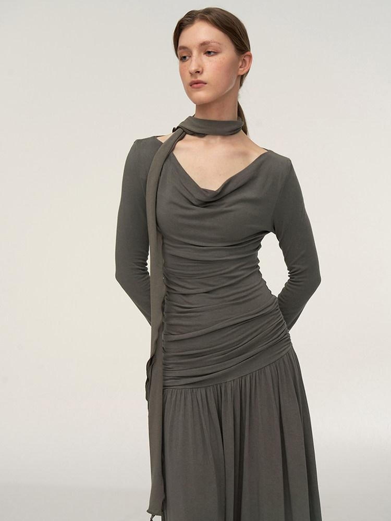 someonesometimes Lava Gray Pleated A Line Long Sleeve Round Neck Casual Dress