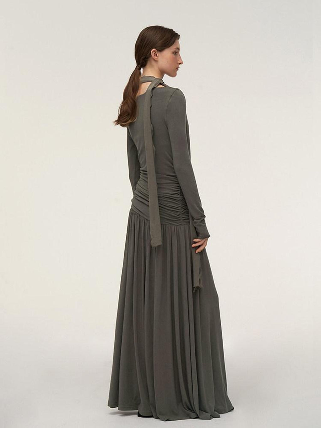 someonesometimes Lava Gray Pleated A Line Long Sleeve Round Neck Casual Dress