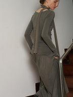 someonesometimes Lava Gray Pleated A Line Long Sleeve Round Neck Casual Dress