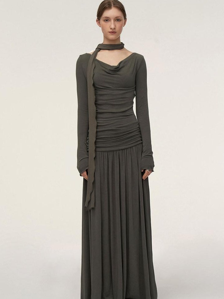 someonesometimes Lava Gray Pleated A Line Long Sleeve Round Neck Casual Dress