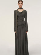 someonesometimes Lava Gray Pleated A Line Long Sleeve Round Neck Casual Dress