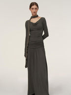 someonesometimes Lava Gray Pleated A Line Long Sleeve Round Neck Casual Dress