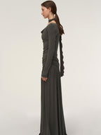 someonesometimes Lava Gray Pleated A Line Long Sleeve Round Neck Casual Dress