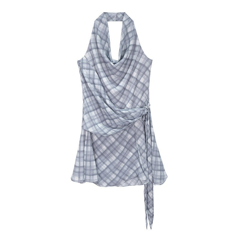 someonesometimes_Lightweight_Halter_Tie_Plaid_Office_Regular_Fit_Cornflower_Blue_Midi_Dresses_MISSTT