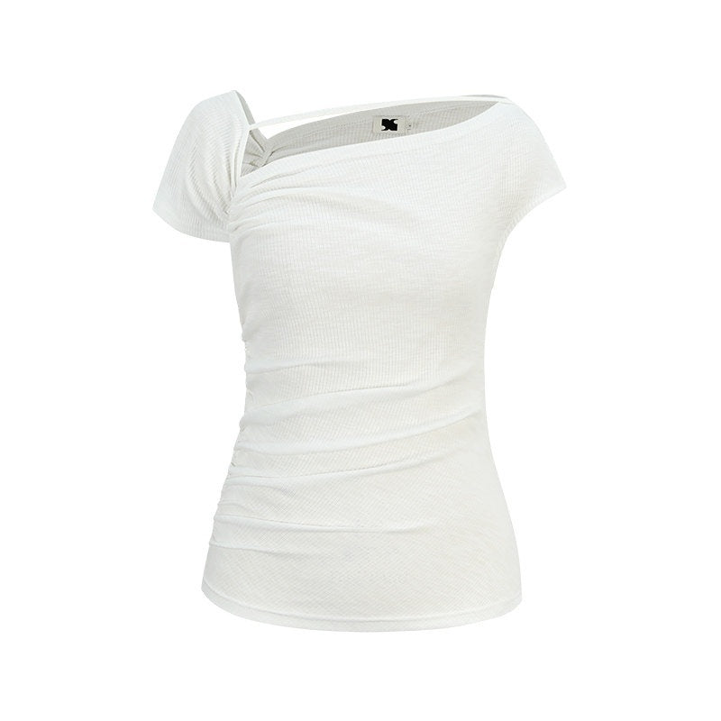 someonesometimes_Lightweight_Ruched_Asymmetric_Cropped_Slim_Fit_Pure_White_Short_Sleeve_T-Shirts_MISSTT