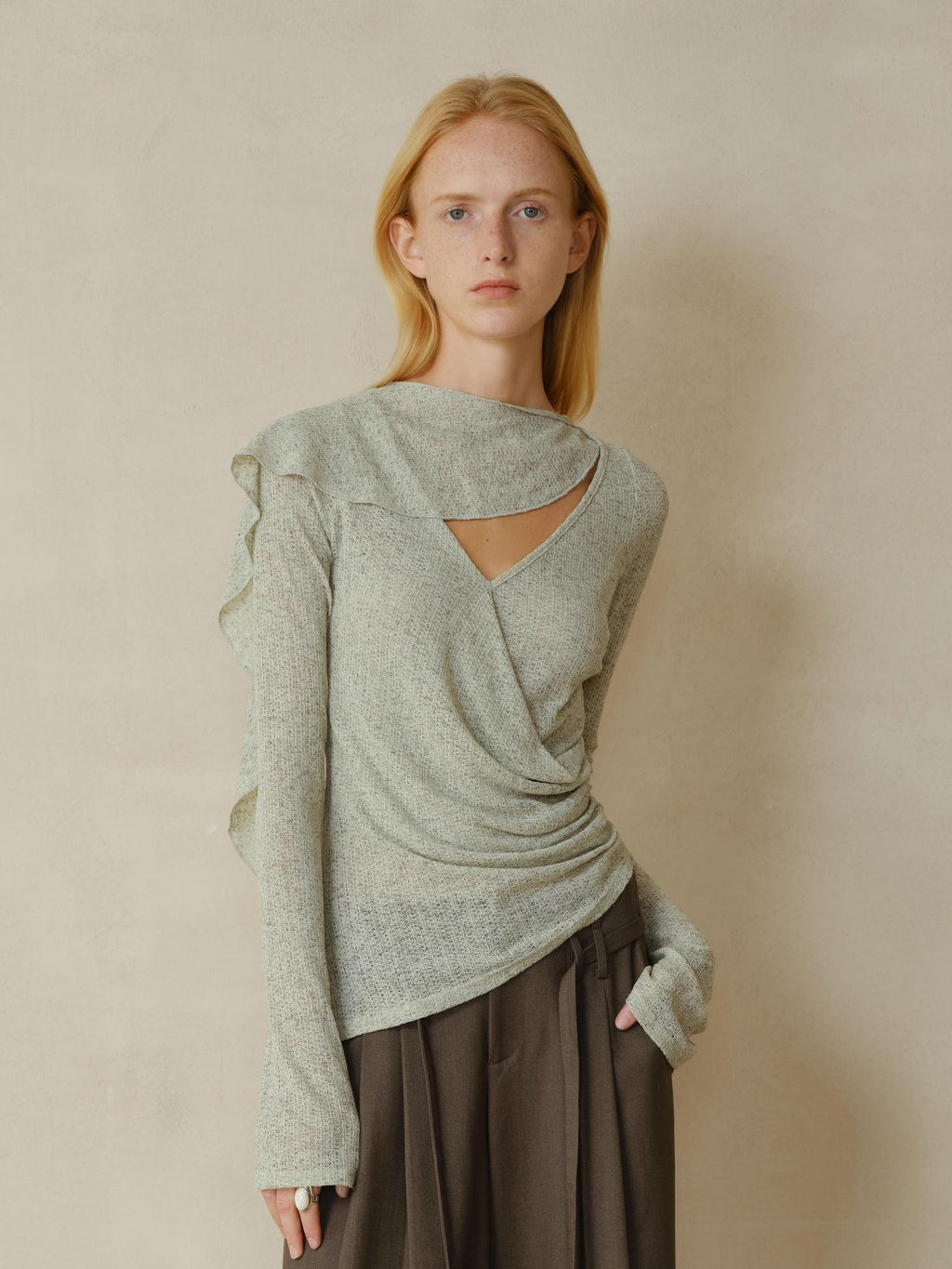 someonesometimes Linen Blend V-neck Bell Sleeve Slim Sage Green Cross Women Long Sleeve T-Shirts