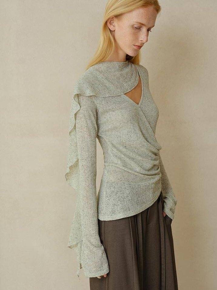 someonesometimes Linen Blend V-neck Bell Sleeve Slim Sage Green Cross Women Long Sleeve T-Shirts