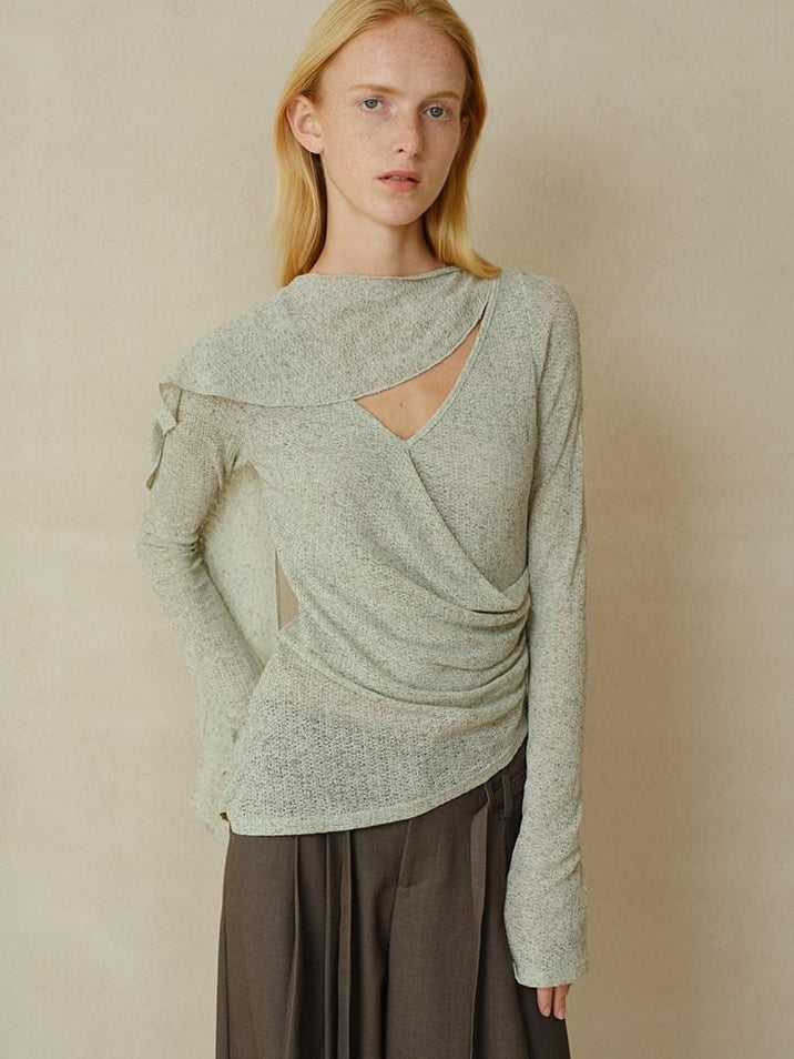 someonesometimes Linen Blend V-neck Bell Sleeve Slim Sage Green Cross Women Long Sleeve T-Shirts