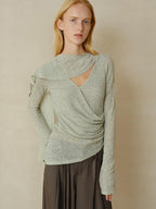 someonesometimes Linen Blend V-neck Bell Sleeve Slim Sage Green Cross Women Long Sleeve T-Shirts