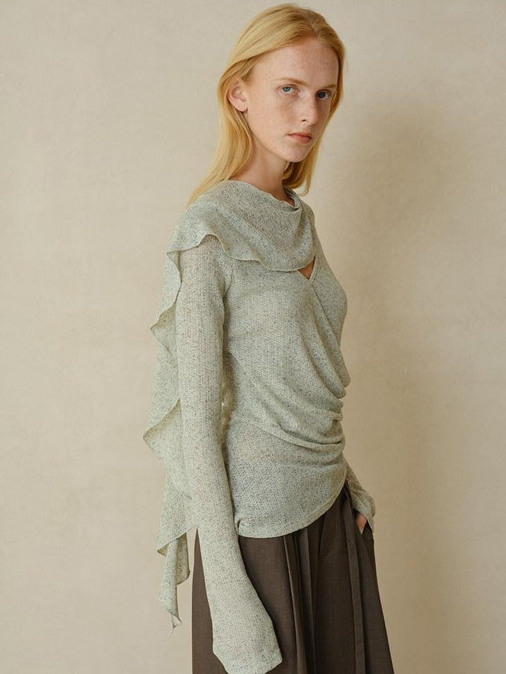 someonesometimes Linen Blend V-neck Bell Sleeve Slim Sage Green Cross Women Long Sleeve T-Shirts