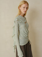 someonesometimes Linen Blend V-neck Bell Sleeve Slim Sage Green Cross Women Long Sleeve T-Shirts
