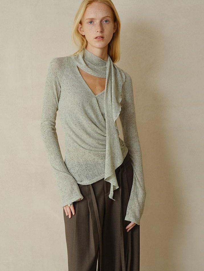 someonesometimes Linen Blend V-neck Bell Sleeve Slim Sage Green Cross Women Long Sleeve T-Shirts