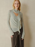 someonesometimes Linen Blend V-neck Bell Sleeve Slim Sage Green Cross Women Long Sleeve T-Shirts