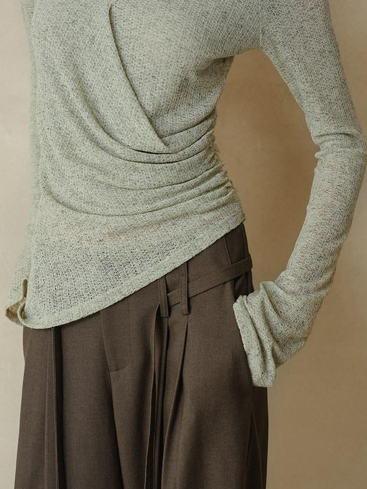someonesometimes Linen Blend V-neck Bell Sleeve Slim Sage Green Cross Women Long Sleeve T-Shirts
