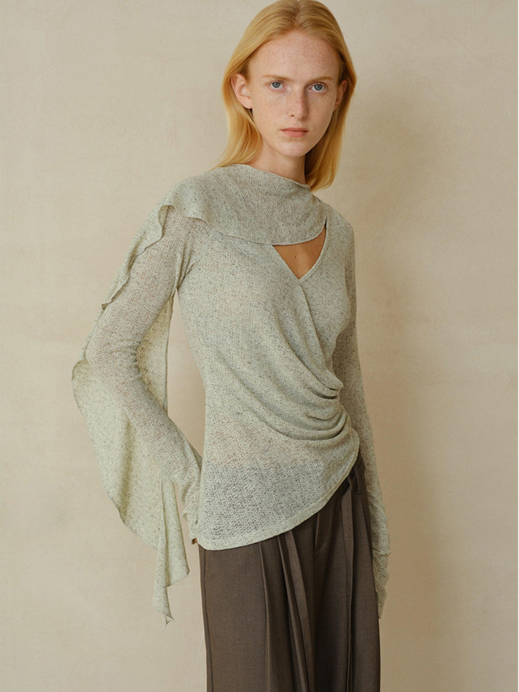 someonesometimes Linen Blend V-neck Bell Sleeve Slim Sage Green Cross Women Long Sleeve T-Shirts