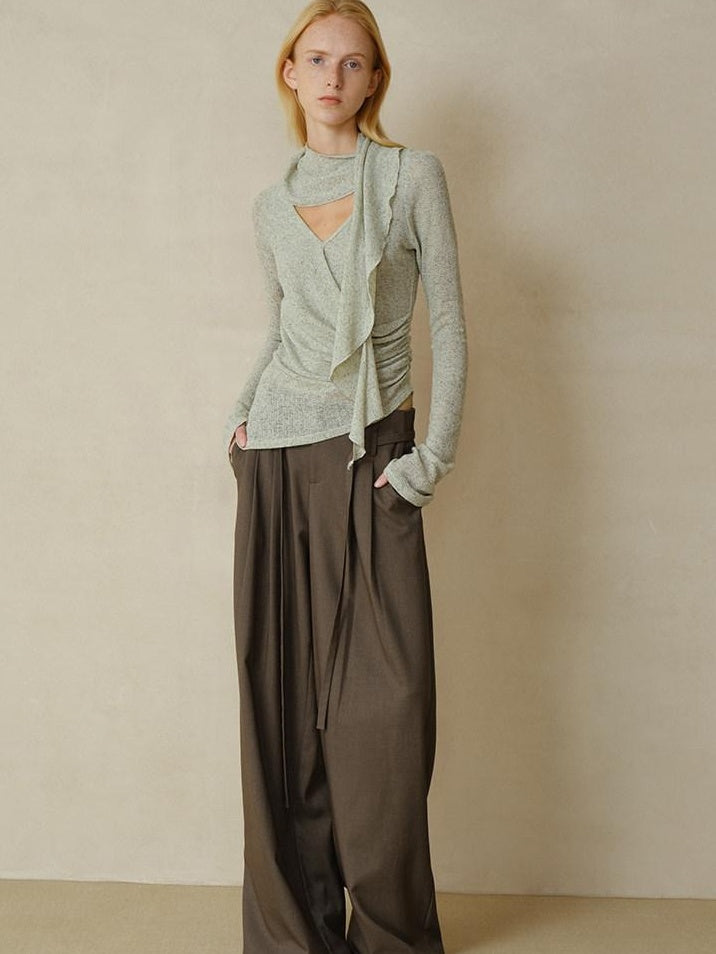 someonesometimes Linen Blend V-neck Bell Sleeve Slim Sage Green Cross Women Long Sleeve T-Shirts