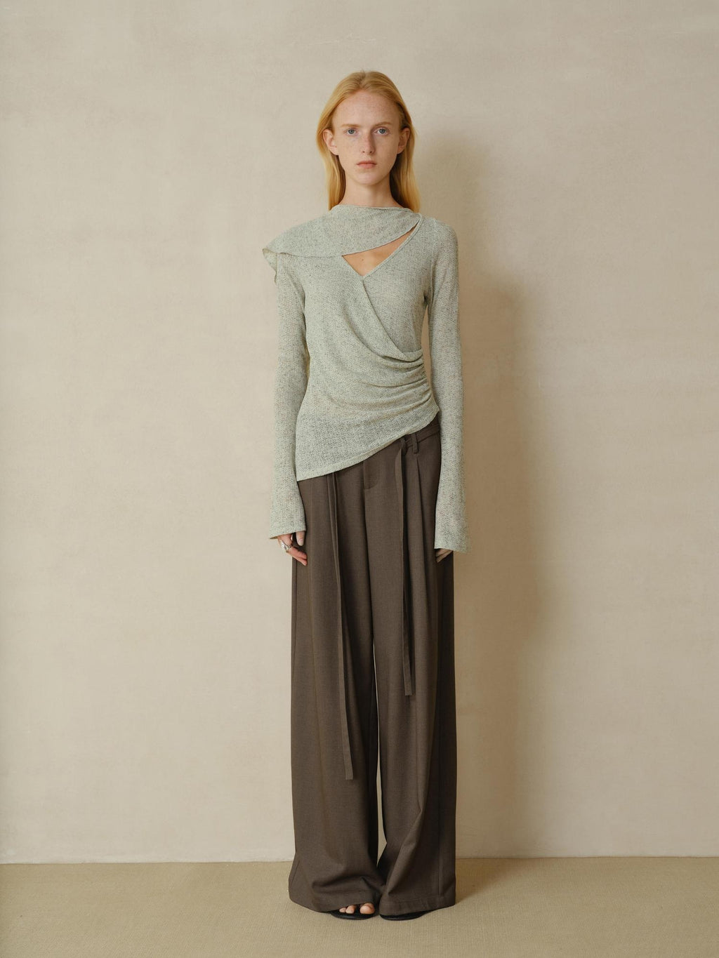someonesometimes Linen Blend V-neck Bell Sleeve Slim Sage Green Cross Women Long Sleeve T-Shirts