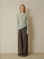 someonesometimes Linen Blend V-neck Bell Sleeve Slim Sage Green Cross Women Long Sleeve T-Shirts