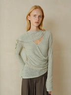 someonesometimes Linen Blend V-neck Bell Sleeve Slim Sage Green Cross Women Long Sleeve T-Shirts