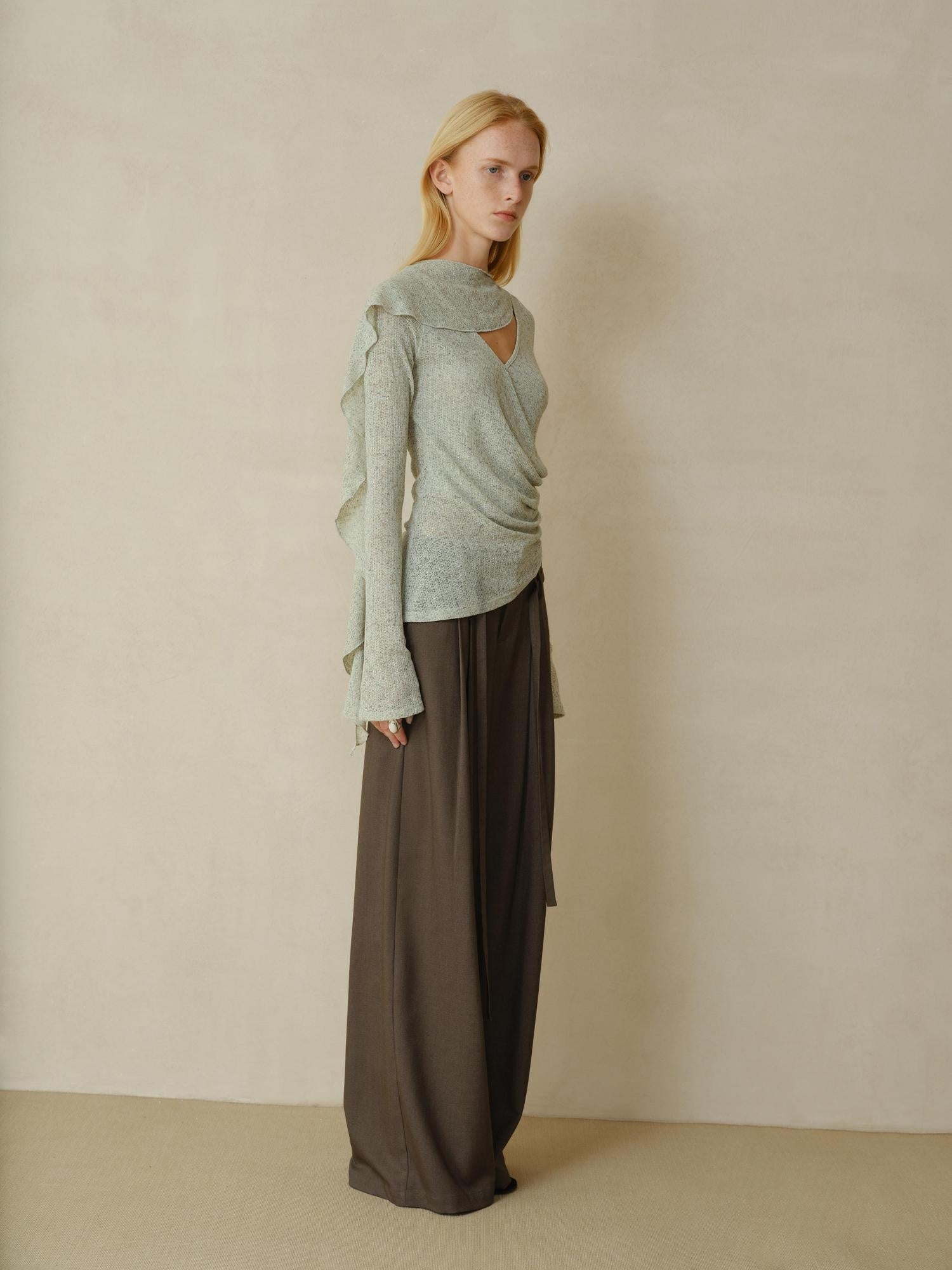 someonesometimes Linen Blend V-neck Bell Sleeve Slim Sage Green Cross Women Long Sleeve T-Shirts