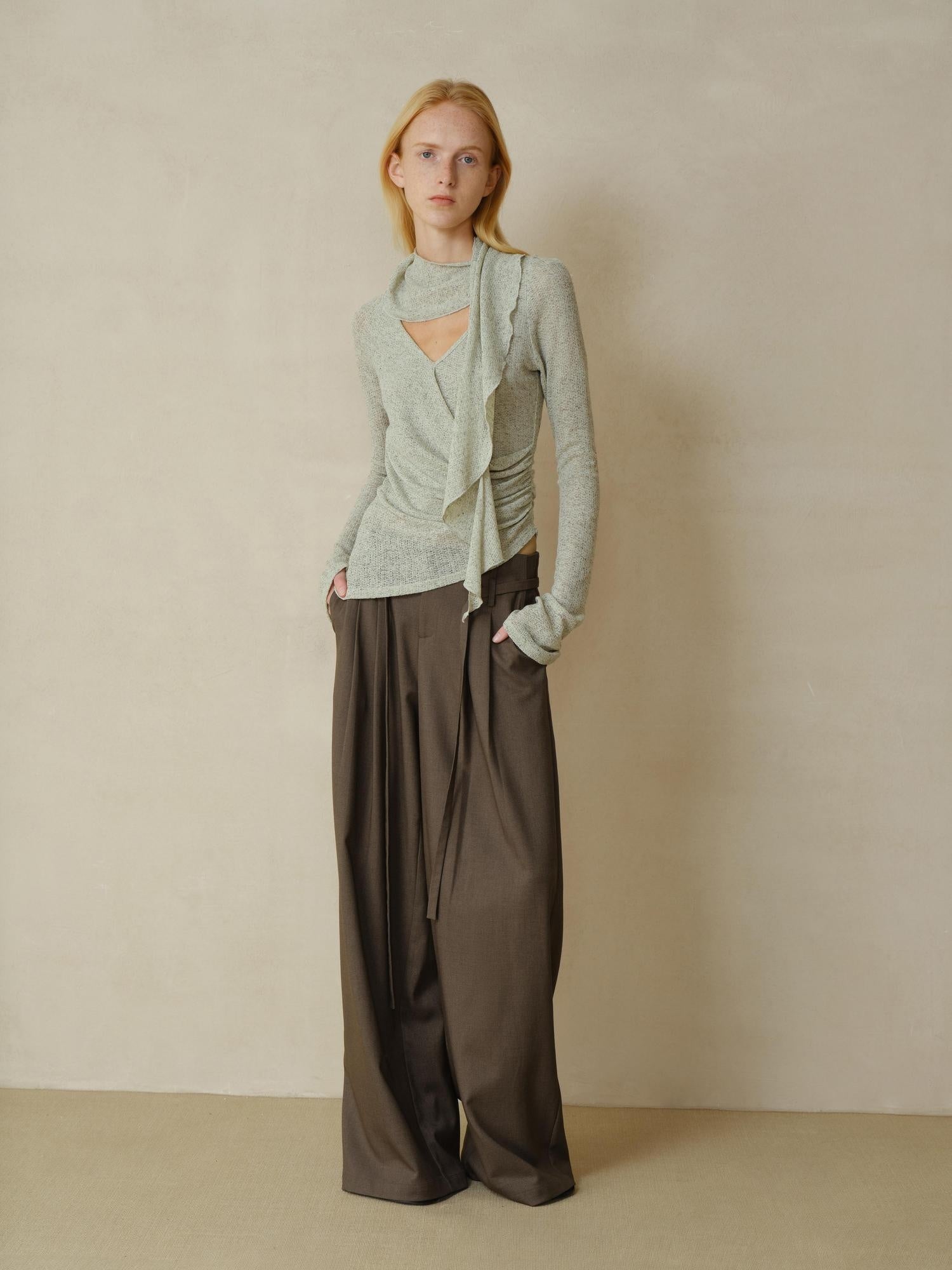 someonesometimes Linen Blend V-neck Bell Sleeve Slim Sage Green Cross Women Long Sleeve T-Shirts