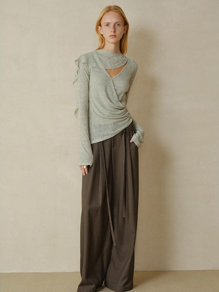 someonesometimes Linen Blend V-neck Bell Sleeve Slim Sage Green Cross Women Long Sleeve T-Shirts