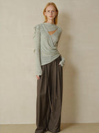 someonesometimes Linen Blend V-neck Bell Sleeve Slim Sage Green Cross Women Long Sleeve T-Shirts